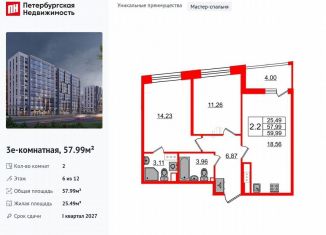 Продам двухкомнатную квартиру, 58 м2, Санкт-Петербург, метро Парнас