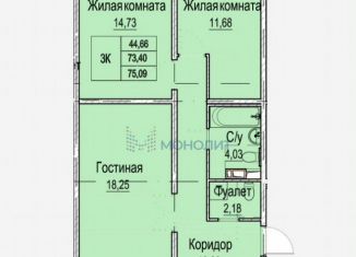 Трехкомнатная квартира на продажу, 75.1 м2, Нижний Новгород