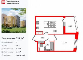 Продам однокомнатную квартиру, 35.9 м2, Санкт-Петербург, метро Комендантский проспект