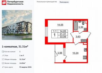 Однокомнатная квартира на продажу, 31.3 м2, Санкт-Петербург, Московский район