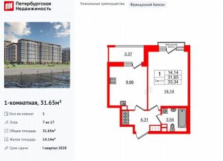 1-ком. квартира на продажу, 31.7 м2, Санкт-Петербург, метро Проспект Большевиков