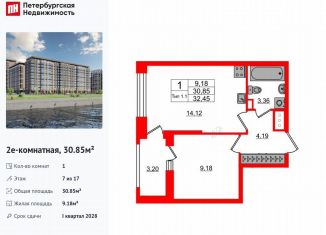 Продам однокомнатную квартиру, 30.9 м2, Санкт-Петербург, метро Проспект Большевиков