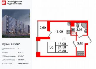 Квартира на продажу студия, 24.6 м2, Санкт-Петербург, муниципальный округ Коломяги