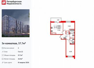 Продам 2-комнатную квартиру, 57.7 м2, Санкт-Петербург, муниципальный округ Коломяги