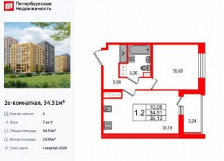 Продается 1-ком. квартира, 34.5 м2, Санкт-Петербург, муниципальный округ Коломяги