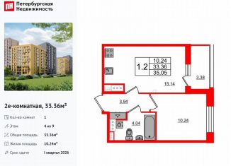 Продам 1-комнатную квартиру, 33.4 м2, Санкт-Петербург, муниципальный округ Коломяги