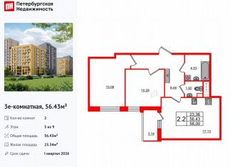 Двухкомнатная квартира на продажу, 56.4 м2, Санкт-Петербург, муниципальный округ Коломяги