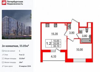 Продам 1-комнатную квартиру, 33.1 м2, Санкт-Петербург, метро Проспект Просвещения