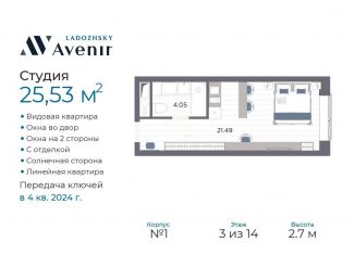 Квартира на продажу студия, 25.5 м2, Санкт-Петербург, Магнитогорская улица, 51литЗ, муниципальный округ Большая Охта