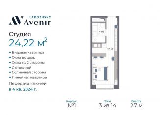 Квартира на продажу студия, 24.2 м2, Санкт-Петербург, Магнитогорская улица, 51литЗ, муниципальный округ Большая Охта