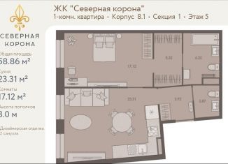 Продается 1-комнатная квартира, 58.9 м2, Санкт-Петербург, муниципальный округ Чкаловское