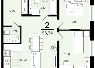 Продам двухкомнатную квартиру, 55.3 м2, Тюмень