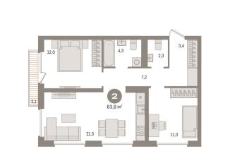 2-комнатная квартира на продажу, 63.8 м2, деревня Сапроново, жилой комплекс Первый Квартал, 6, ЖК Первый Квартал