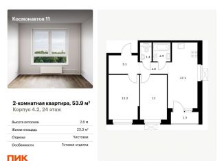 Продается 2-комнатная квартира, 53.9 м2, Екатеринбург, метро Динамо, жилой комплекс Космонавтов 11, 4.2