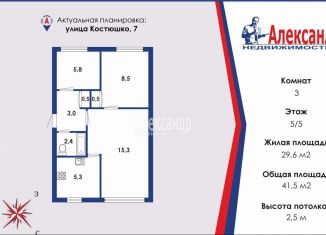 3-комнатная квартира на продажу, 41 м2, Санкт-Петербург, улица Костюшко, 7, муниципальный округ Новоизмайловское