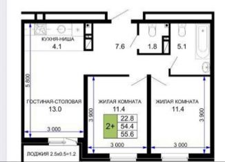 Продам двухкомнатную квартиру, 56 м2, Краснодар, ЖК Дыхание, улица Лётчика Позднякова, 2к16