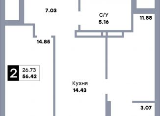 2-комнатная квартира на продажу, 56.4 м2, Самара, Кировский район