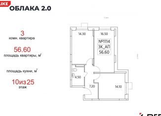 3-комнатная квартира на продажу, 56.6 м2, Люберцы, ЖК Облака 2.0, жилой комплекс Облака 2.0, к1.2