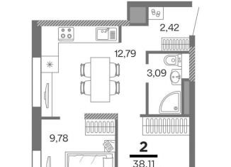 2-комнатная квартира на продажу, 38.1 м2, Рязань, ЖК Метропарк