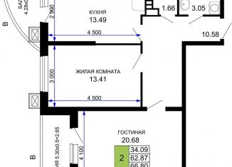 Продажа 2-комнатной квартиры, 66.8 м2, Краснодар, Музыкальный микрорайон