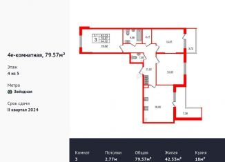 3-комнатная квартира на продажу, 79.6 м2, Санкт-Петербург, муниципальный округ Пулковский Меридиан
