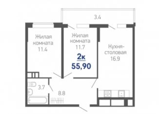 Продам 2-комнатную квартиру, 55.9 м2, Краснодар, улица им. Героя Яцкова И.В., 1/11лит3, ЖК Абрикосово