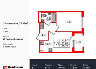 Продам 1-комнатную квартиру, 34 м2, Санкт-Петербург