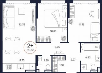 Продажа 2-комнатной квартиры, 59.4 м2, Тюмень
