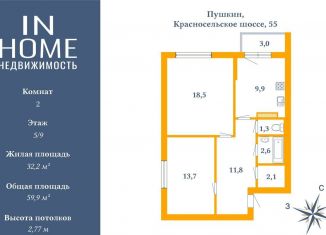 Двухкомнатная квартира на продажу, 60 м2, Санкт-Петербург, Красносельское шоссе, 55