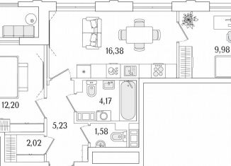 Продажа двухкомнатной квартиры, 53.4 м2, Санкт-Петербург, Фрунзенский район, улица Фучика, 12к2Г1