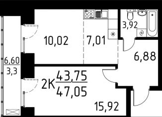 2-ком. квартира на продажу, 47.1 м2, деревня Кисловка, улица Марины Цветаевой, 42