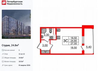 Квартира на продажу студия, 24.8 м2, Санкт-Петербург, муниципальный округ Коломяги