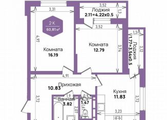Продается 2-комнатная квартира, 60.8 м2, Краснодар, Константиновская улица, 5лит6, микрорайон Плодородный-2
