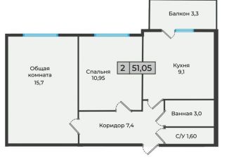 Продаю 2-комнатную квартиру, 51.1 м2, Невинномысск, улица Кочубея, 199