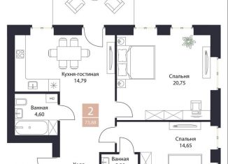 Продажа двухкомнатной квартиры, 73.9 м2, Рязанская область