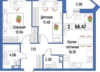 Продажа 2-комнатной квартиры, 56.5 м2, Мурино, ЖК Урбанист