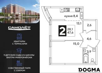 Двухкомнатная квартира на продажу, 47.6 м2, Краснодар