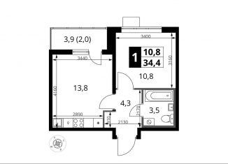 1-комнатная квартира на продажу, 34.4 м2, Видное, улица Фруктовые Сады, 33к1
