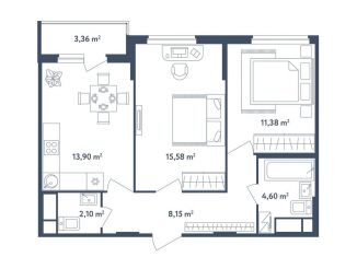 Продается 2-комнатная квартира, 57.4 м2, поселок Мещерино