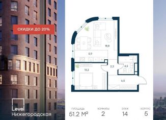 Продается 2-ком. квартира, 51.2 м2, Москва, Нижегородский район, жилой комплекс Левел Нижегородская, 3