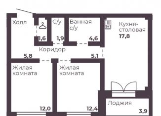 Двухкомнатная квартира на продажу, 61.2 м2, Челябинск
