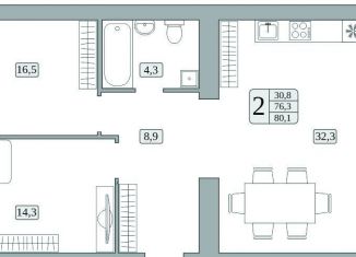 2-комнатная квартира на продажу, 76.3 м2, поселок городского типа Стройкерамика