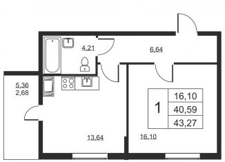 Продам 1-комнатную квартиру, 43.3 м2, Ленинградская область