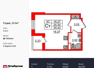 Продается квартира студия, 24.3 м2, Санкт-Петербург, метро Звёздная