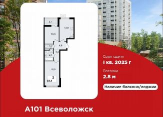 Продажа 2-комнатной квартиры, 54.4 м2, Всеволожск, ЖК А101 Всеволожск, 3.3