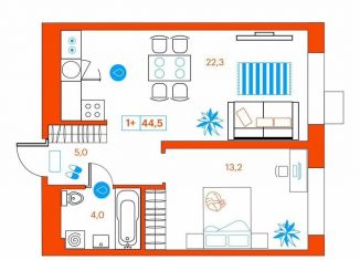 1-комнатная квартира на продажу, 44.6 м2, Тюмень, улица Ветеранов Труда, 36к1