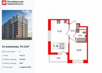 Продажа однокомнатной квартиры, 34.1 м2, Санкт-Петербург, метро Елизаровская