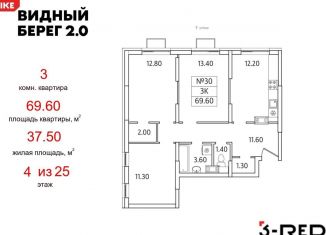 Продам 3-комнатную квартиру, 69.6 м2, деревня Сапроново, ЖК Видный Берег 2