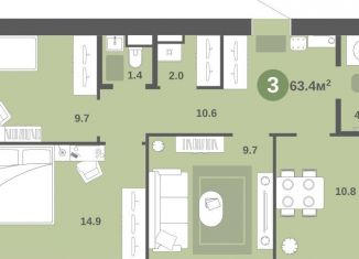 3-комнатная квартира на продажу, 63.4 м2, деревня Хохряки, Никитинская улица, 6