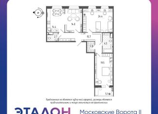 3-комнатная квартира на продажу, 103 м2, Санкт-Петербург, Парфёновская улица, 17, ЖК Московские ворота II